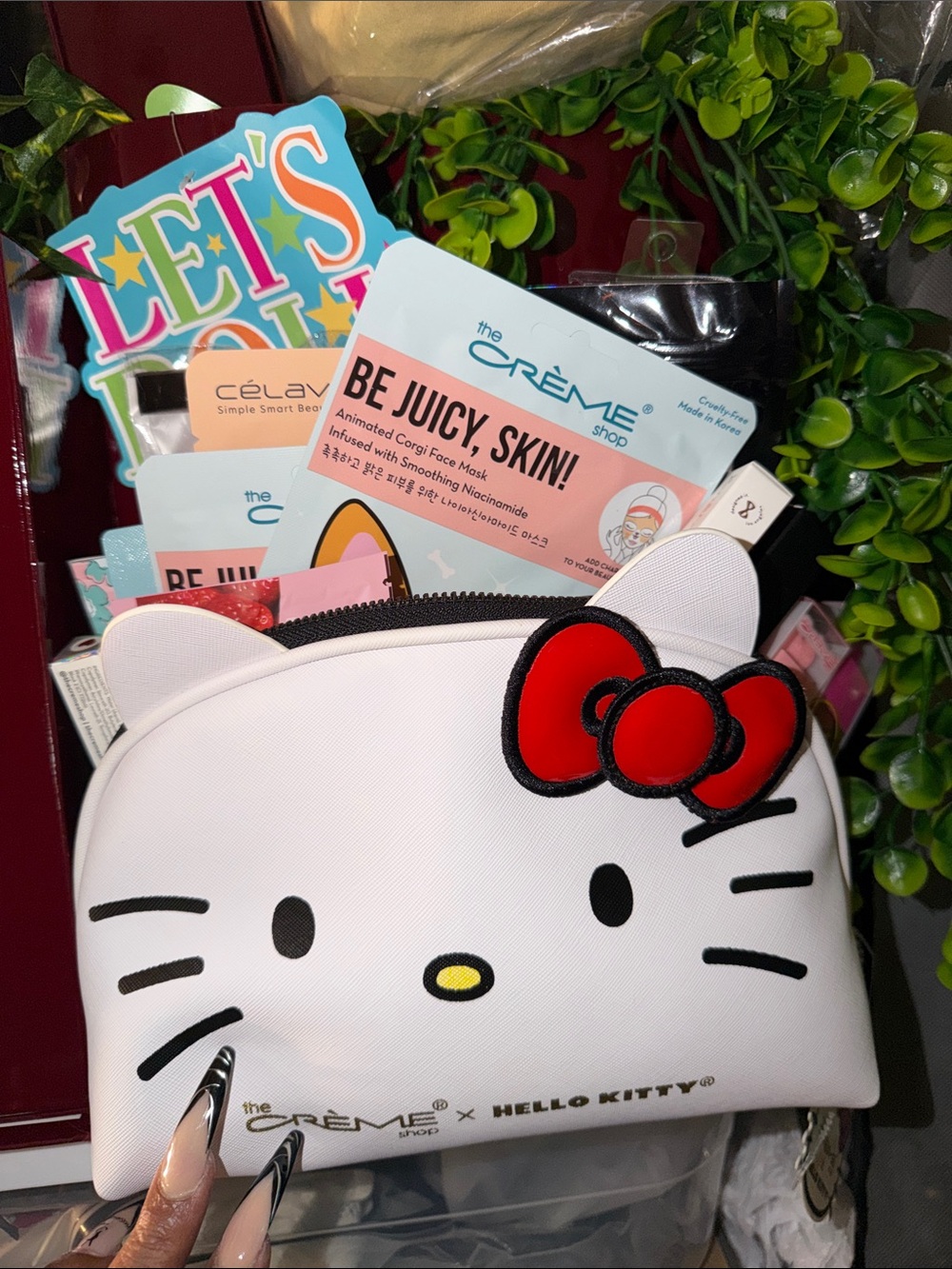 The Creme Shop Hello Kitty White Cosmetic Pouch-Red Bow-Full of Beauty items